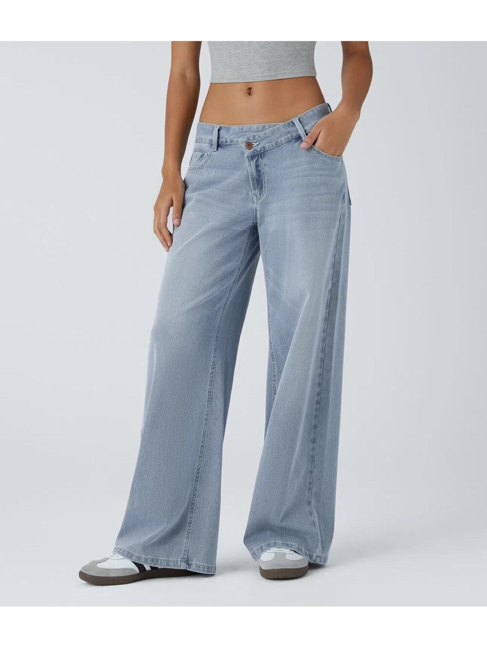 HALARA Asymmetric Low Rise Zipper Pockets Baggy Wide Leg Jeans Size S Regular
